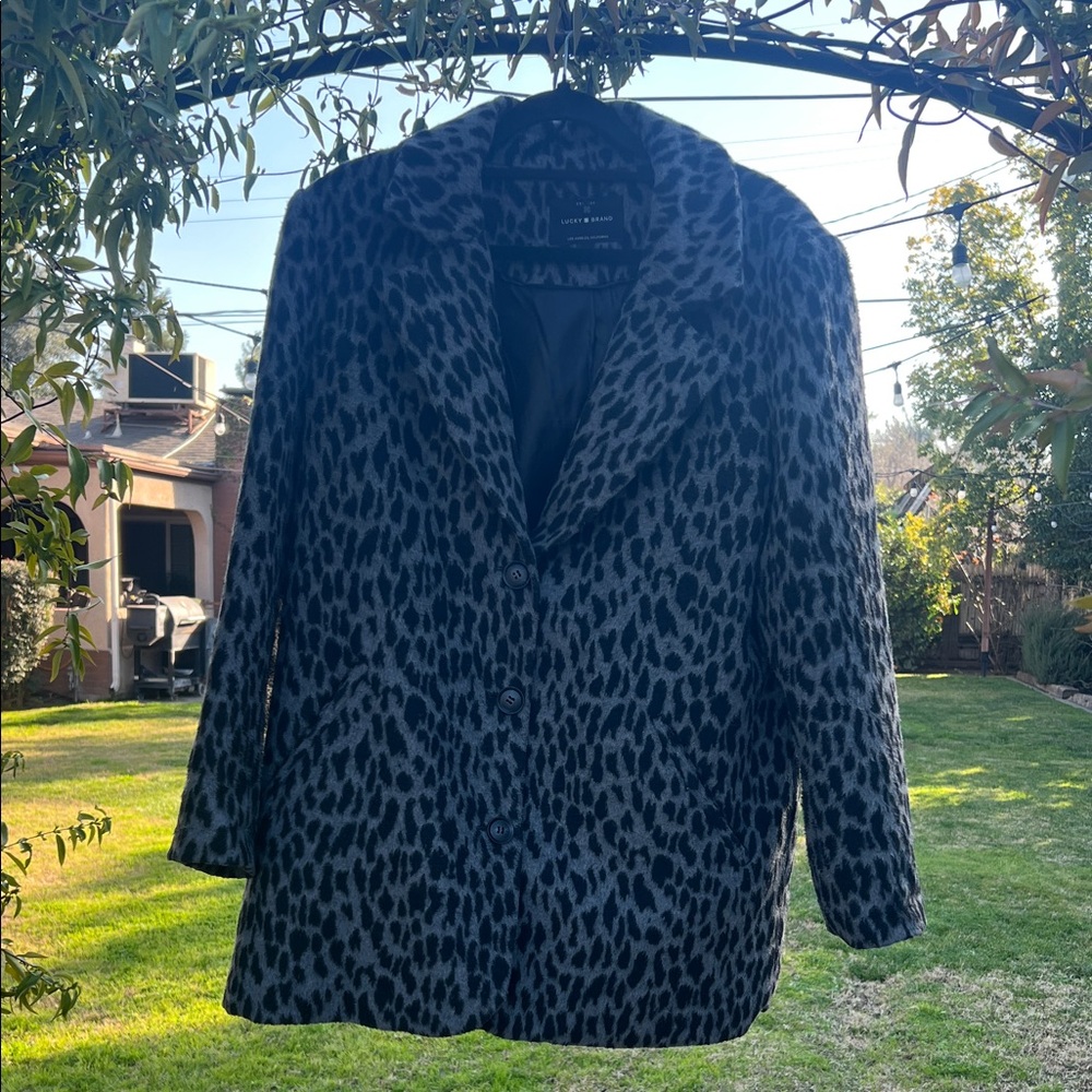 Lucky Brand Black and Gray Animal Print Pea Coat
